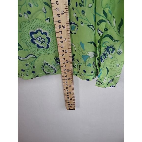 Susan Graver Style Sheer Floral V-Neck Blouse 1X Lime Green Blue Glitter Tunic - Picture 12 of 13